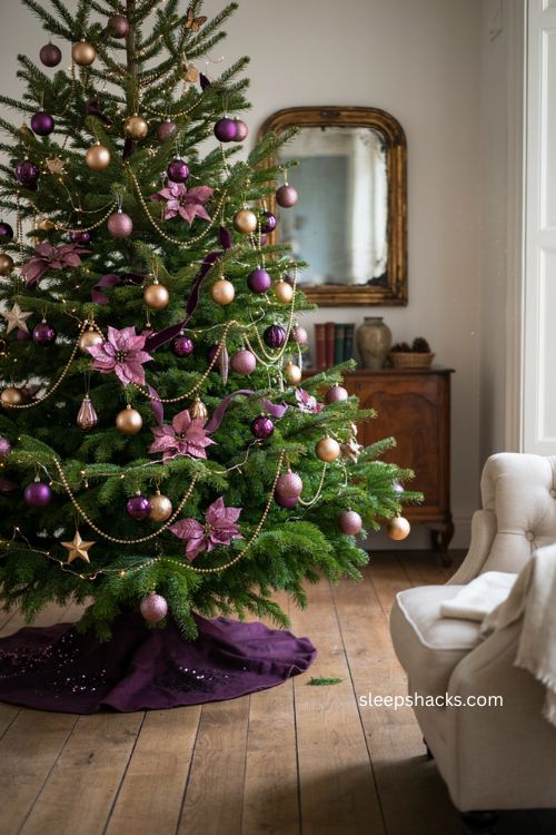 Purple and gold Christmas tree with layered ornaments in multiple sizes and finishes 