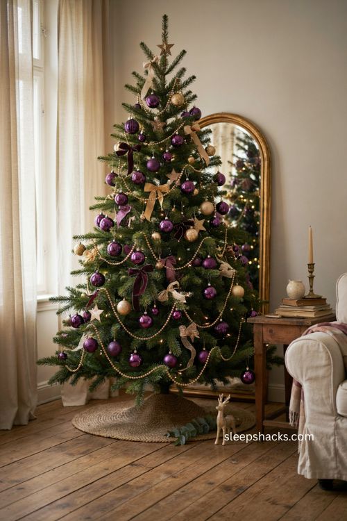 Purple and gold Christmas tree with loosely draped gold beaded garland and warm lights 