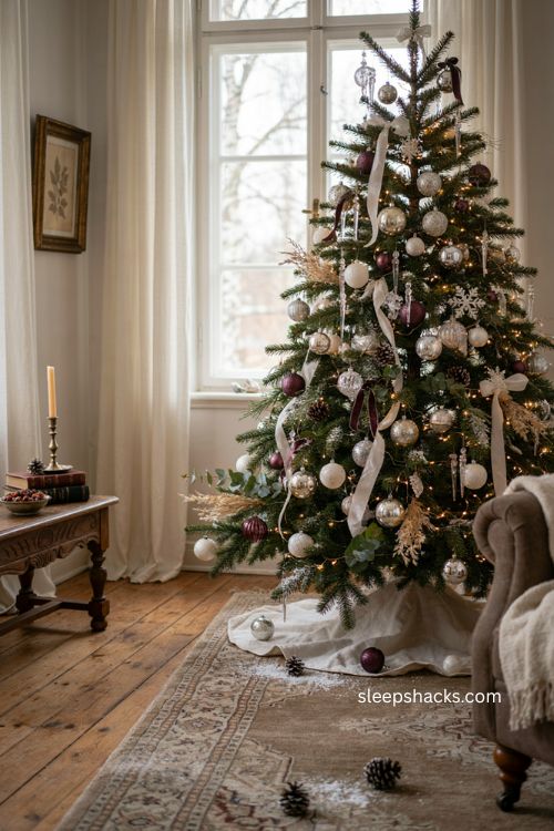 Purple brown and silver Christmas tree with warm winter lighting 
