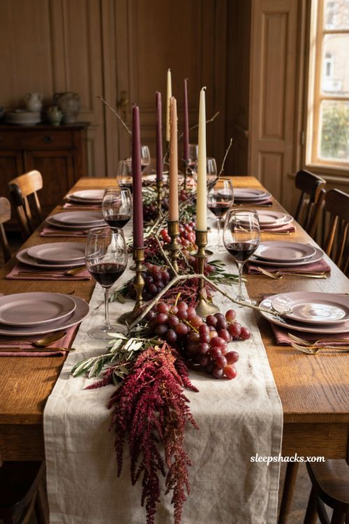 Purple grape and amaranth Thanksgiving centerpiece with dramatic autumn colors 