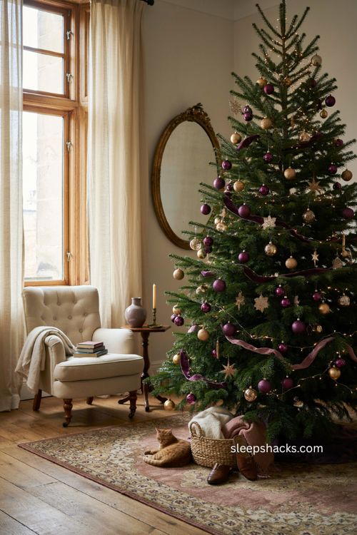 Purple velvet Christmas tree ornaments with gold accents and cozy elegant holiday decor 