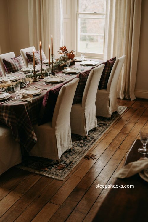 Purple velvet and plaid pillows on Thanksgiving dining chairs with Ralph Lauren country house decor 
