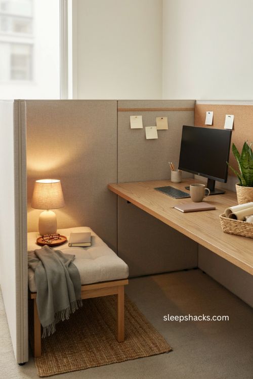 Quiet corner ideas for a cozy cubicle with a soft cushion and warm lamp