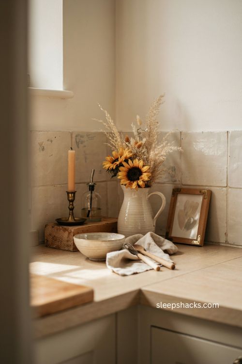 Quiet neutral fall kitchen counter vignette with dried stems brass and wood accents