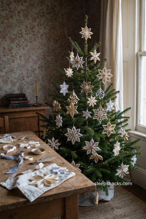 Quilled paper snowflakes with curled paper coils glitter edges and handmade christmas tree decorations 