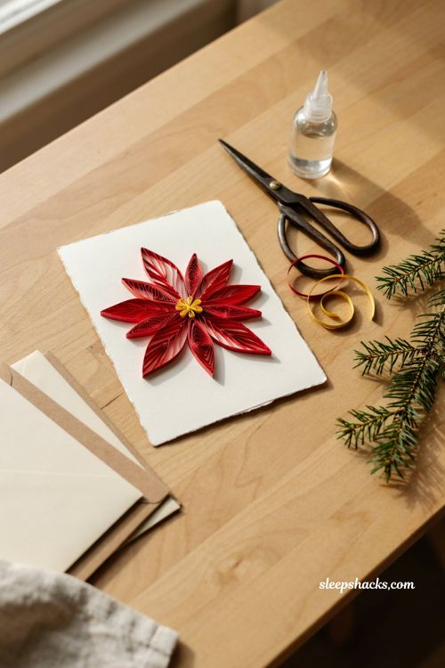 Quilled poinsettia Christmas card ideas with handmade paper flowers 