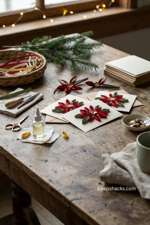 Quilled poinsettia Christmas cards with rolled paper flowers and elegant handmade holiday crafts