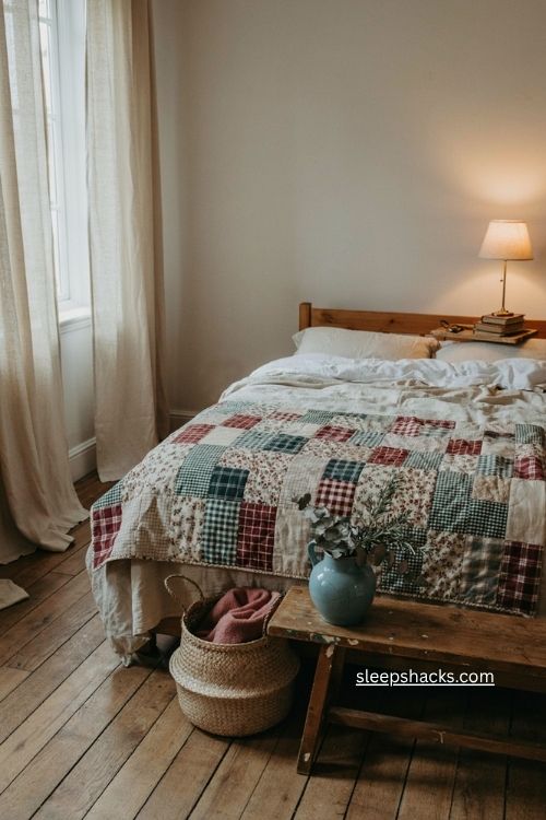 Quilted patchwork Christmas throw folded at farmhouse bed 
