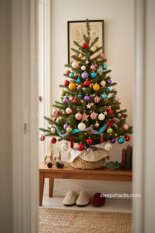 Rainbow Christmas tree with colorful ornaments for a cheerful mini tree accent 