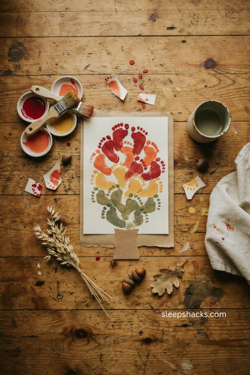 Rainbow footprint fall tree craft with baby footprints for Thanksgiving 