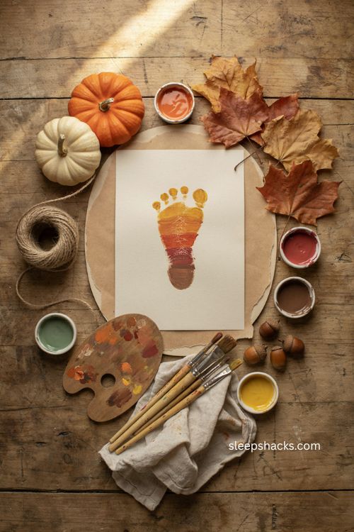 Rainbow multicolor footprint art for baby's first Thanksgiving 