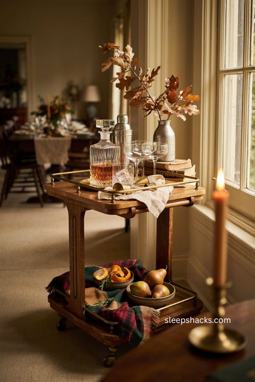Ralph Lauren Thanksgiving bar cart plaid runner etched glasses decanter rosemary orange 