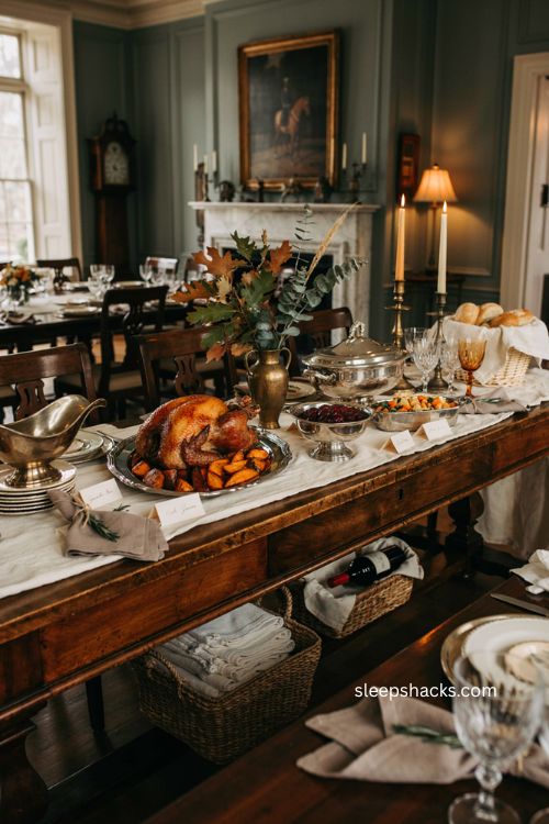 Ralph Lauren Thanksgiving buffet silver serving trays antique sideboard country house 