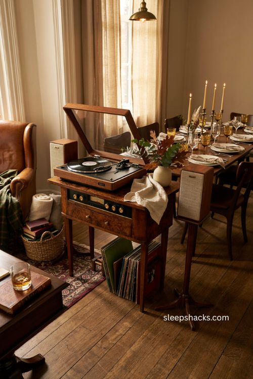 Ralph Lauren Thanksgiving classical jazz record player cozy country house dining room 