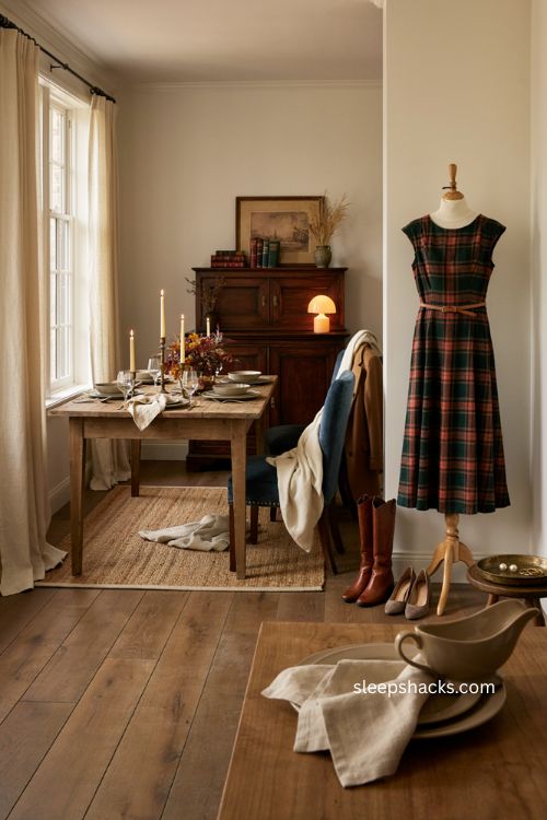 Ralph Lauren Thanksgiving elegant plaid midi dress cream turtleneck leather boots 