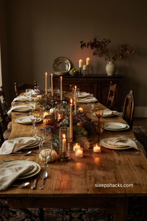 Ralph Lauren Thanksgiving low warm candlelit dining table silver candlesticks hurricanes 