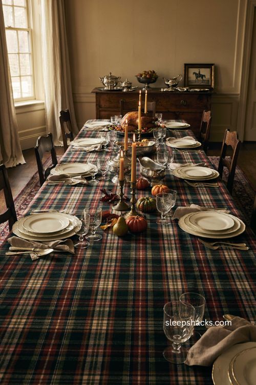 Ralph Lauren Thanksgiving statement table tartan silver tureens mismatched glassware 