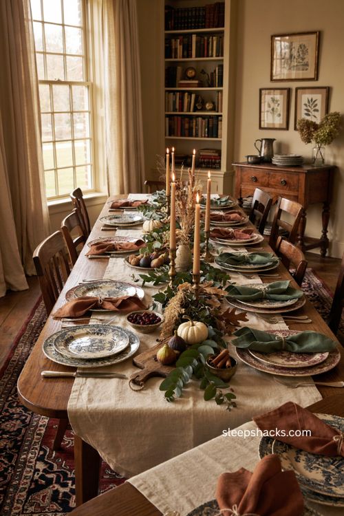 Ralph Lauren Thanksgiving table with heirloom china warm layered textures and vintage autumn decor 