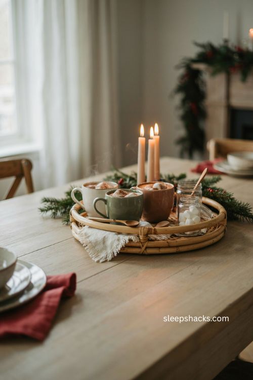 Rattan tray hot cocoa station Christmas table decor 