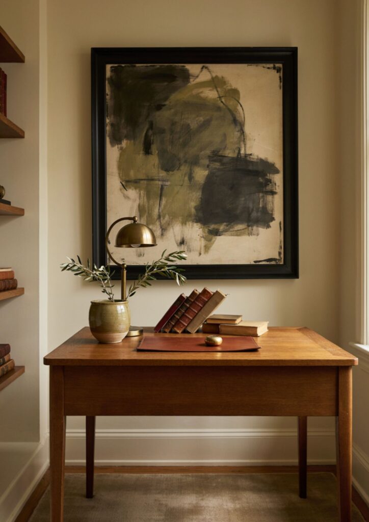 Real artwork above walnut desk in a refined mens home office