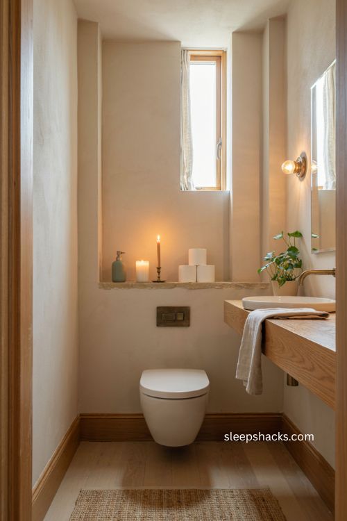Recessed niche storage ideas for a tiny toilet room 
