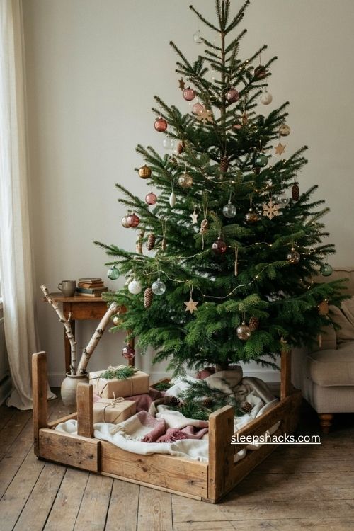 Reclaimed wood Christmas tree stand with cozy farmhouse cottage holiday decor 