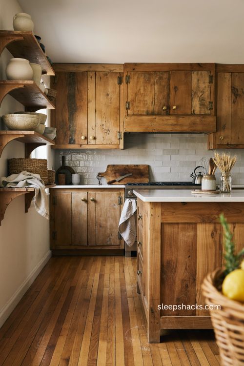Reclaimed wood kitchen with weathered cabinets and light stone countertops 