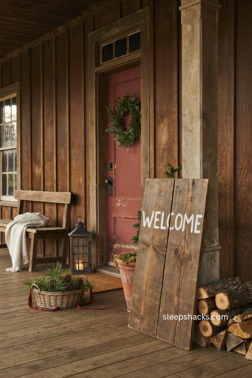 Reclaimed wood welcome sign for rustic Christmas porch decor 