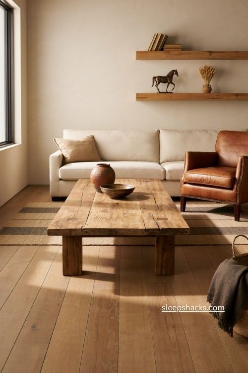 Reclaimed wood western living room with modern furniture and rustic warmth