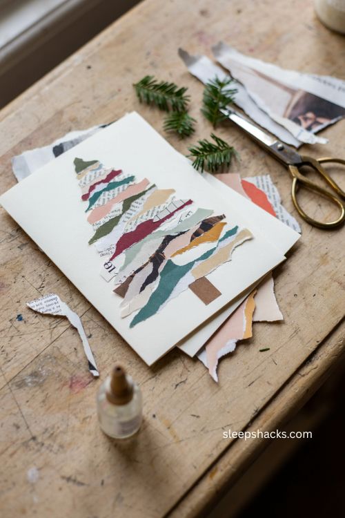 Recycled magazine collage Christmas card with torn paper tree layered vintage scraps and handmade holiday style 