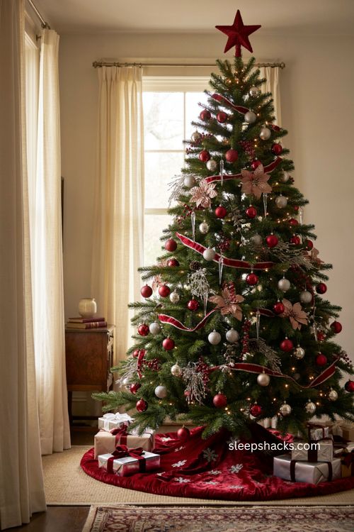 Red Christmas tree skirt with silver snowflakes under a red and silver Christmas tree 