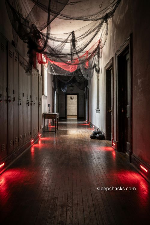 Red and black Halloween hallway with dramatic lighting black netting and glowing floors 