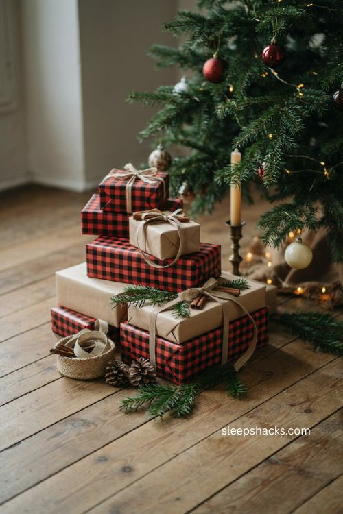 Red and black buffalo check Christmas gifts with kraft paper and greenery 