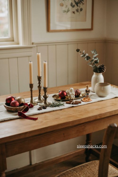 Red and cream Christmas sideboard decor with vintage brass accents