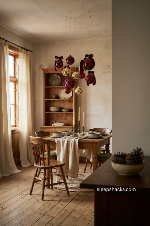 Red and gold Christmas ornaments hanging from ceiling 