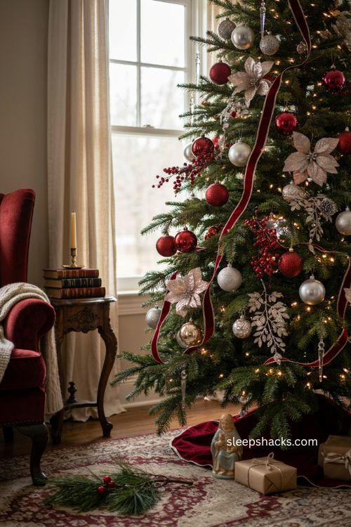 Red and silver Christmas tree with glitter berries and silver pinecones 