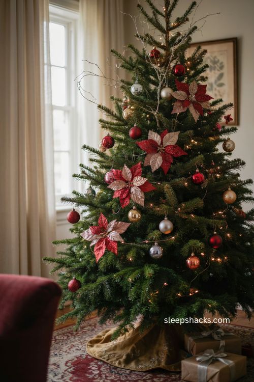 Red and silver Christmas tree with glitter poinsettia stems and ornaments 