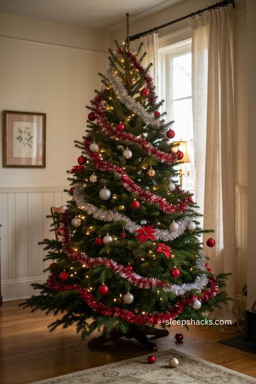 Red and silver Christmas tree with metallic tinsel garland and warm lights 