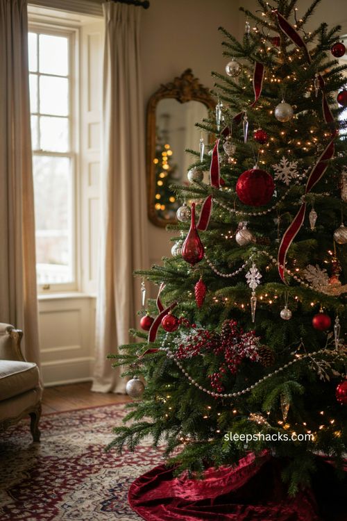 Red and silver Christmas tree with oversized statement ornaments 
