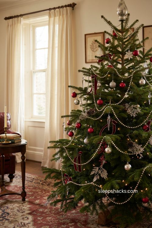 Red and silver Christmas tree with silver beaded jewel garland and matte ornaments 
