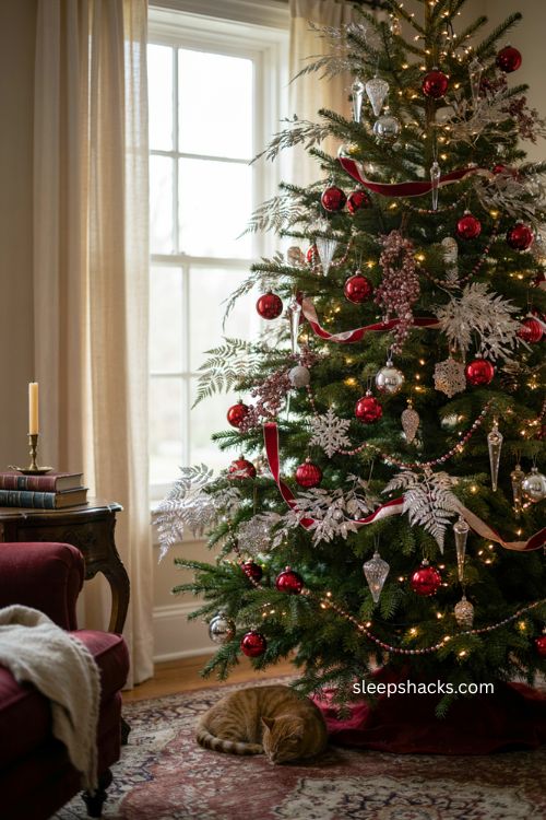 Red and silver Christmas tree with silver fern foliage sprays 