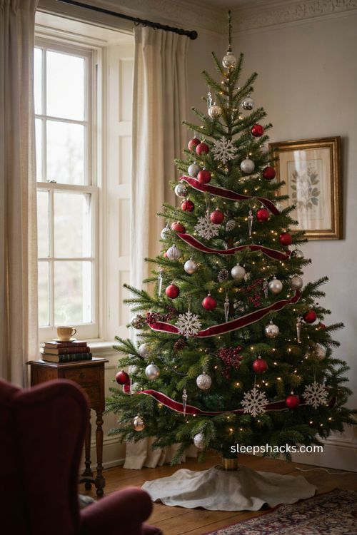 Red and silver Christmas tree with silver snowflake ornaments 