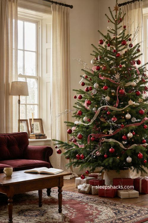 Red and silver Christmas tree with vintage ornaments and elegant ribbon 