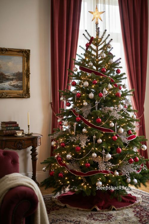 Red and silver Christmas tree with warm white lights glowing from within 
