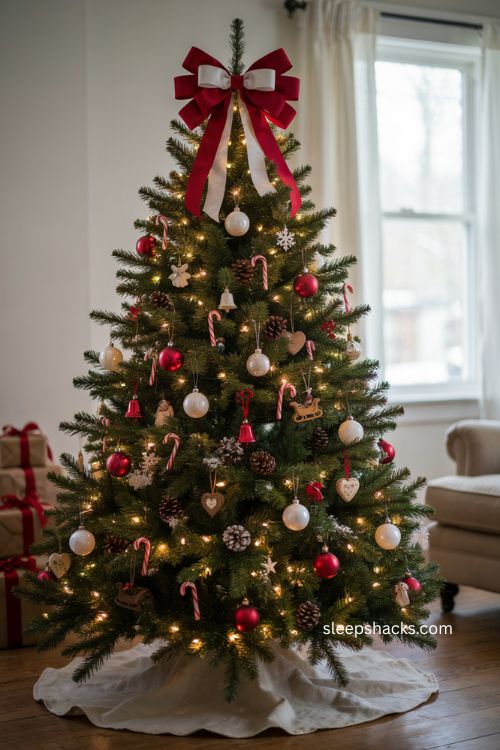 Red and white Christmas bow topper with candy cane ornaments and snowflake decorations 