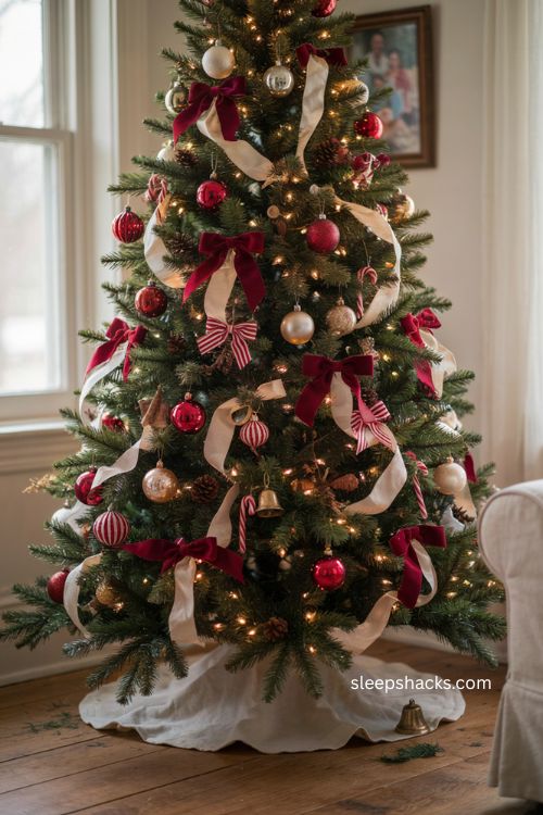 Red and white Christmas bows on a cheerful traditional holiday tree 