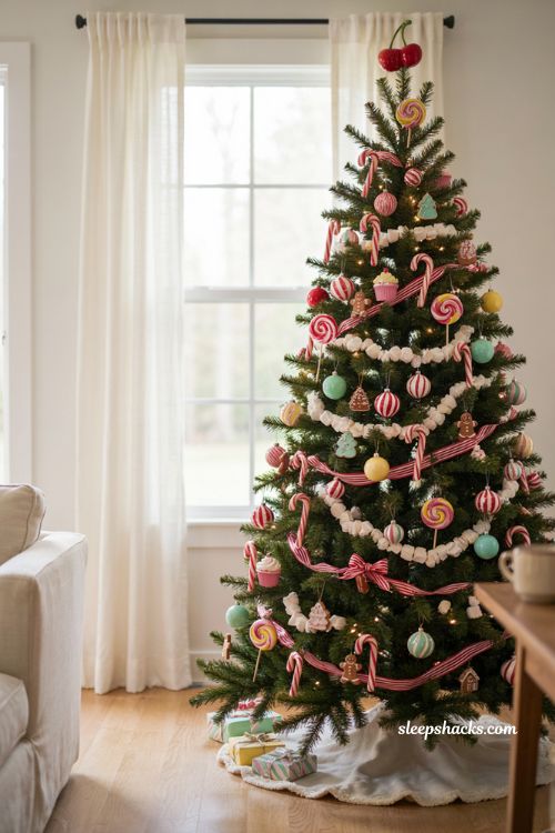 Red and white candy cane Candyland Christmas tree ideas