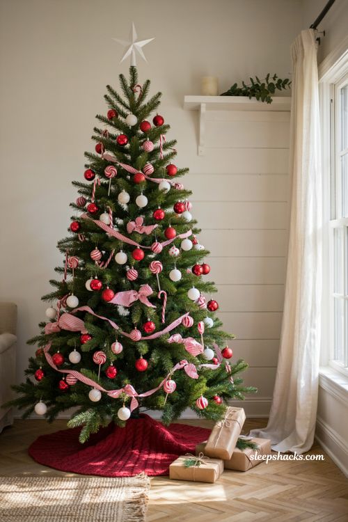 Red and white candy cane Christmas tree skirt decorations