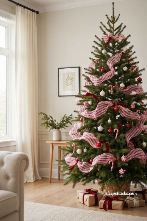 Red and white deco mesh candy cane tree decorations