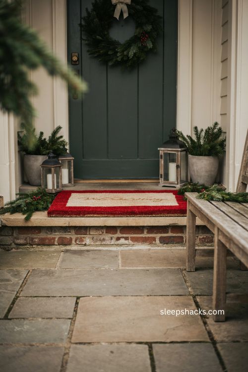 Red and white traditional Christmas doormat with classic holiday porch decor 
